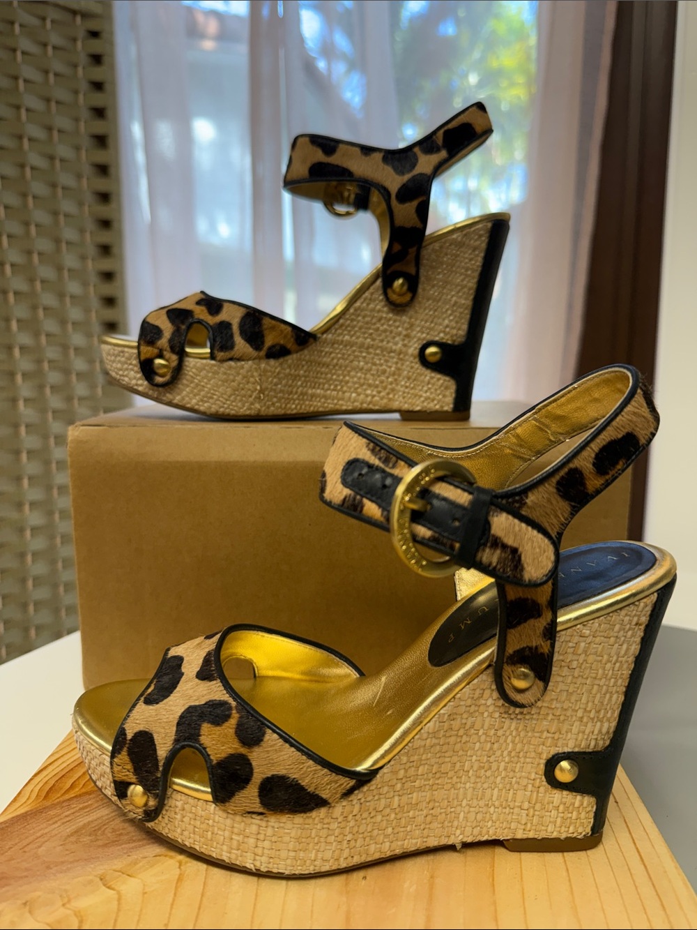 Ivanka Trump leopard print wedge sandals with gold ankle straps